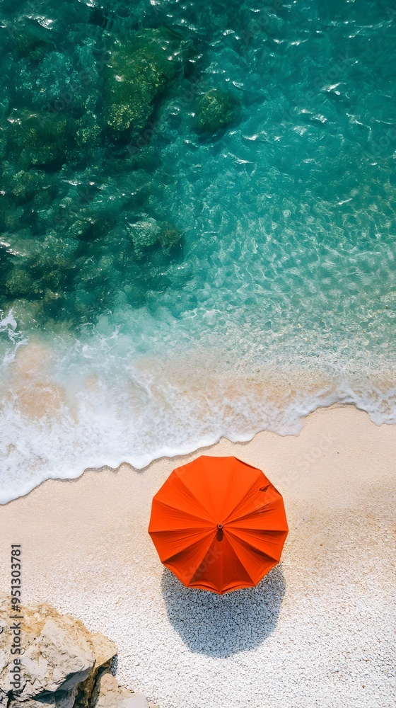 Aerial View of Vibrant Sun Umbrella on Serene Summer Beach with Turquoise Waters Aerial View of Vibrant Sun Umbrella on Serene Summer Beach with Turquoise Waters