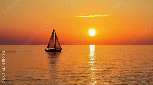 Beautiful sunset over Lake Superior with a sail boat which is very impressive