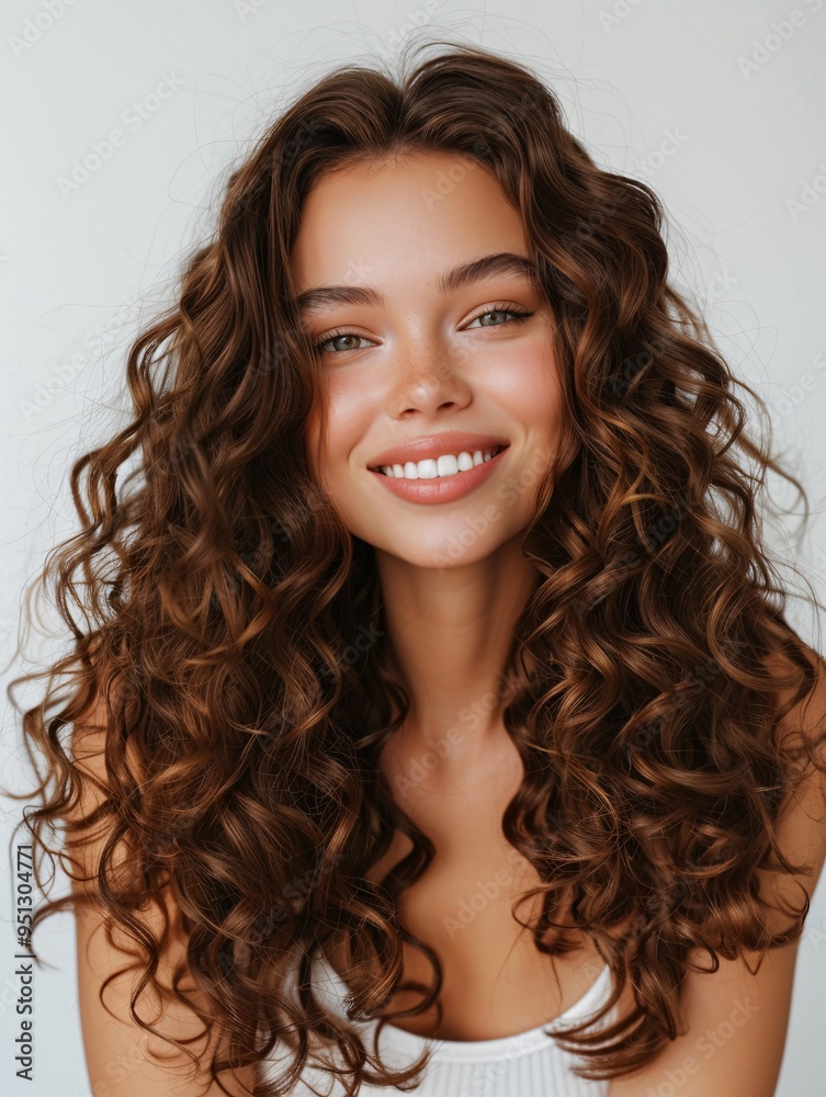 Gorgeous brunette model with luxurious curly locks, radiating beauty and style in a portrait showcasing hair and skincare treatments. Gorgeous brunette model with luxurious curly locks, radiating beauty and style in a portrait showcasing hair and skincare treatments.