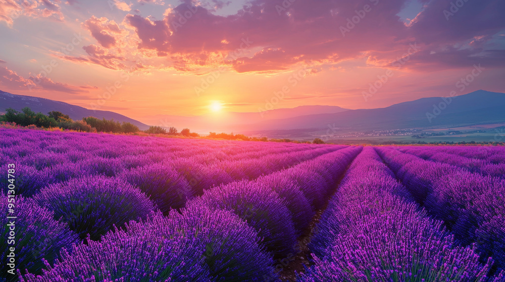 Lavender field at sunset and sunrise with a beautiful rural landscape of purple flow Lavender field at sunset and sunrise with a beautiful rural landscape of purple flow