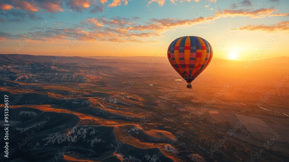 Travelers on a hot air balloon ride, looking down at the stunning landscape Travelers on a hot air balloon ride, looking down at the stunning landscape