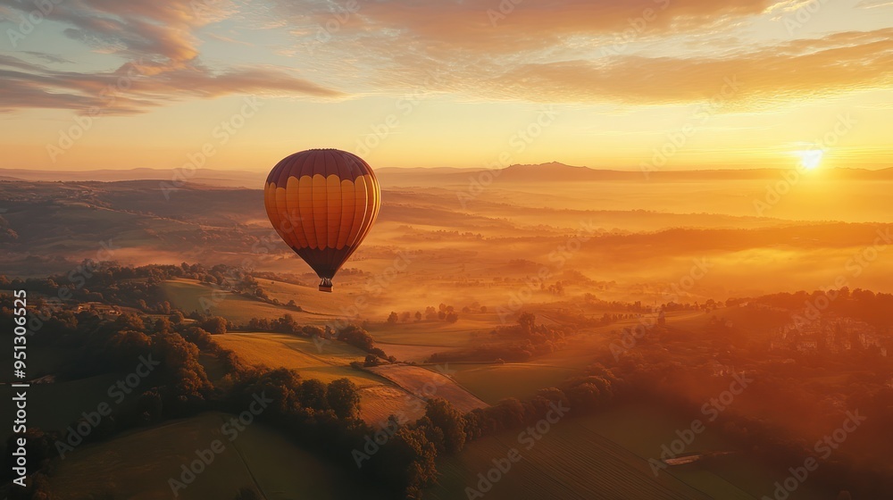 Obraz premium Travelers on a hot air balloon ride, looking down at the stunning landscape