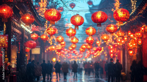 Red Chinese lanterns glowing brightly in the night, creating a festive atmosphere with colorful bokeh and vibrant lights