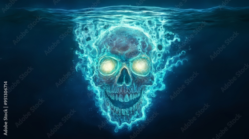 A haunting underwater skull with glowing eyes, creating an eerie and mystical atmosphere in deep water. A haunting underwater skull with glowing eyes, creating an eerie and mystical atmosphere in deep water.