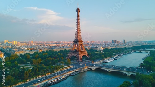 A stunning aerial view of the Eiffel Tower at sunset with the Seine River in the foreground.