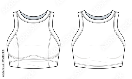 Crop tank top Hoodie technical fashion illustration. Crop tank top vector template illustration. Front view. Sexy fit. Curve hem. Women’s top. white colour. CAD mockup set.