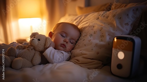 Charming Poster of a Peaceful Baby Sleeping with Teddy Bear in a Cozy Room - Ideal for Nursery Decor and Creating a Serene Atmosphere photo