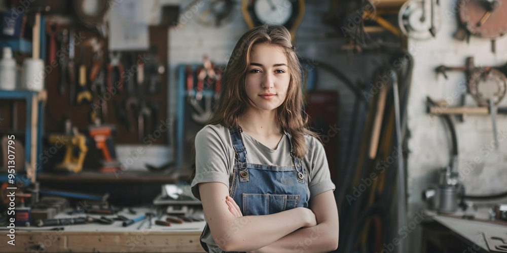 Image of a woman in coveralls in her personal workspace surrounded by equipment.