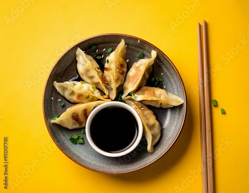 Japanese fried gyoza dumplings with soy sauce on yellow background photo