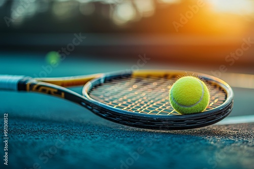 A sports racquet alongside a ball on a court designed for the game.