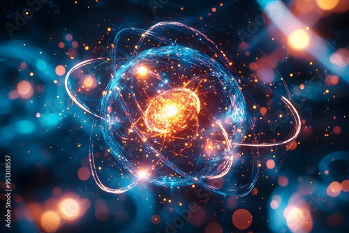 Colorful atomic structure with glowing particles in a scientific concept.