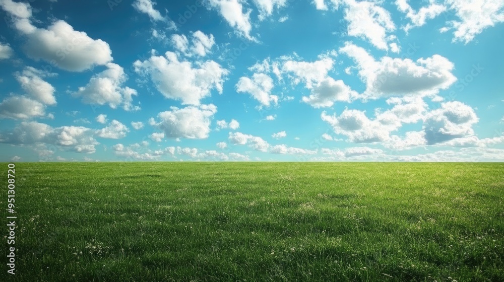 A vast empty green meadow under a beautiful sky with fluffy clouds, capturing the serenity of nature and the open landscape A vast empty green meadow under a beautiful sky with fluffy clouds, capturing the serenity of nature and the open landscape