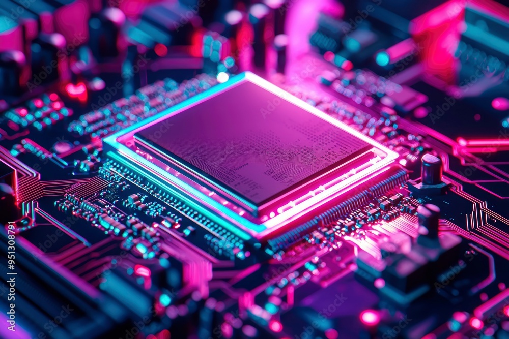 Close-up of a CPU Chip on a Motherboard with Neon Lights Close-up of a CPU Chip on a Motherboard with Neon Lights