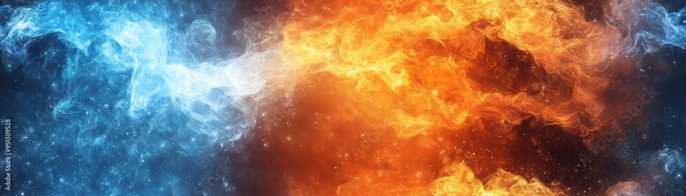 Dynamic clash of blue and orange flames representing powerful elemental forces, perfect for abstract backgrounds and energy concepts. Dynamic clash of blue and orange flames representing powerful elemental forces, perfect for abstract backgrounds and energy concepts.