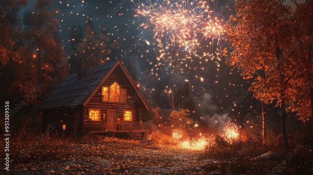 Cozy Cabin Aglow with Autumn Fireworks Cozy Cabin Aglow with Autumn Fireworks