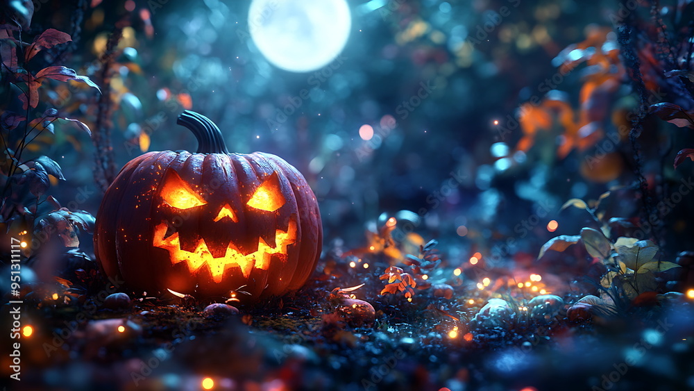Spooky Jack-O'-Lantern Illuminated in a Magical Autumn Forest Under a Full Moon Spooky Jack-O'-Lantern Illuminated in a Magical Autumn Forest Under a Full Moon