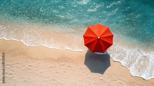 Vibrant Red Beach Umbrella Overlooking Captivating Turquoise Ocean Waves