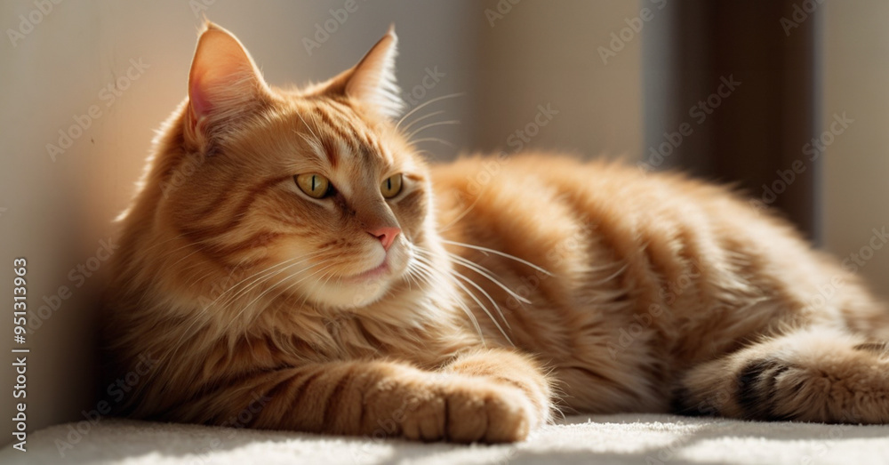 Fototapeta premium portrait of a orange cat lying on blanket,