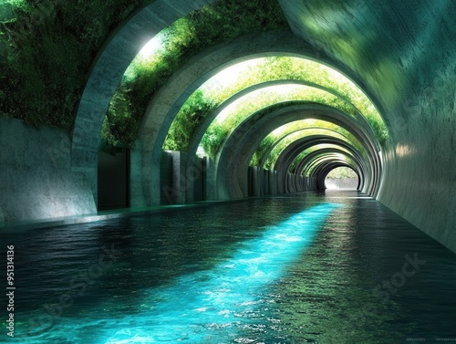 Modern Underground Tunnel with Lush Greenery and Reflective Water Creating a Serene and Futuristic Atmosphere