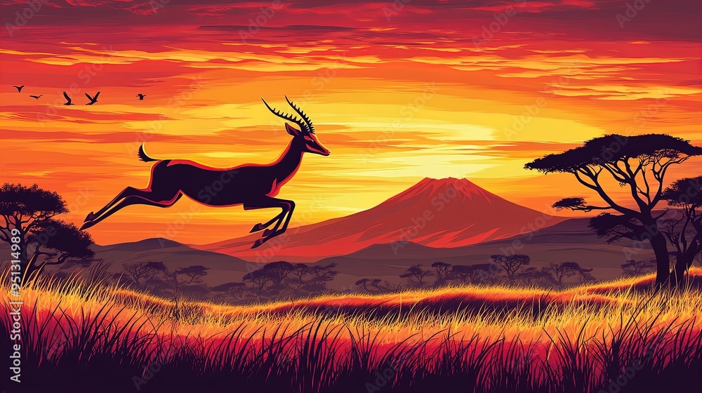 Dynamic Gazelle in Mid-Leap: A Stunning Poster for Sports Interiors, Featuring a Vibrant Savannah Sunset and Majestic Mountains in the Background Dynamic Gazelle in Mid-Leap: A Stunning Poster for Sports Interiors, Featuring a Vibrant Savannah Sunset and Majestic Mountains in the Background