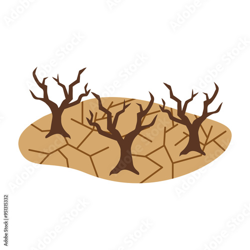 Cracked land with a bare tree. Represents drought, desertification, global warming, and climate change impacts. Symbolizes the environmental crisis. Vector illustration