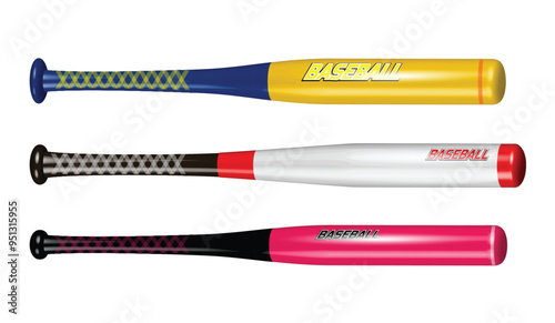 An illustration of three baseball bats, each designed with vibrant colors and unique patterns. The top bat is yellow with a blue handle, the middle one is white with a red tip and black handle