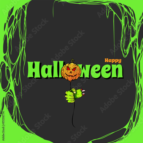 Halloween background with zombie hand holding balloon in shape of scary pumpkin on Spooky green Slime background and Border. Halloween design element for holiday card, invitation, template for party.