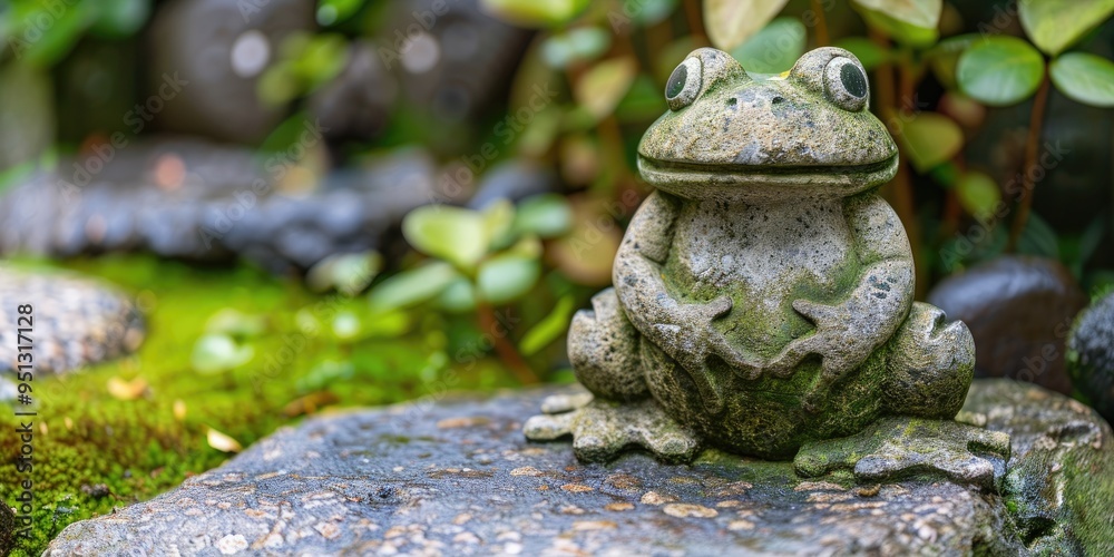 Toad Temple Charming smiling frog sculpture in a temple garden, known as a popular ...