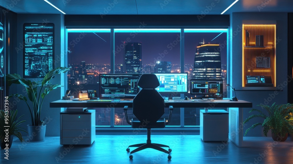 A computer workstation with a large monitor and a black chair A computer workstation with a large monitor and a black chair