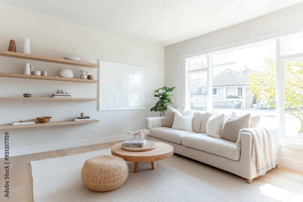 Bright and Airy Modern Scandinavian Living Room with Light Wood Shelving and Earth-Toned Accents Bright and Airy Modern Scandinavian Living Room with Light Wood Shelving and Earth-Toned Accents