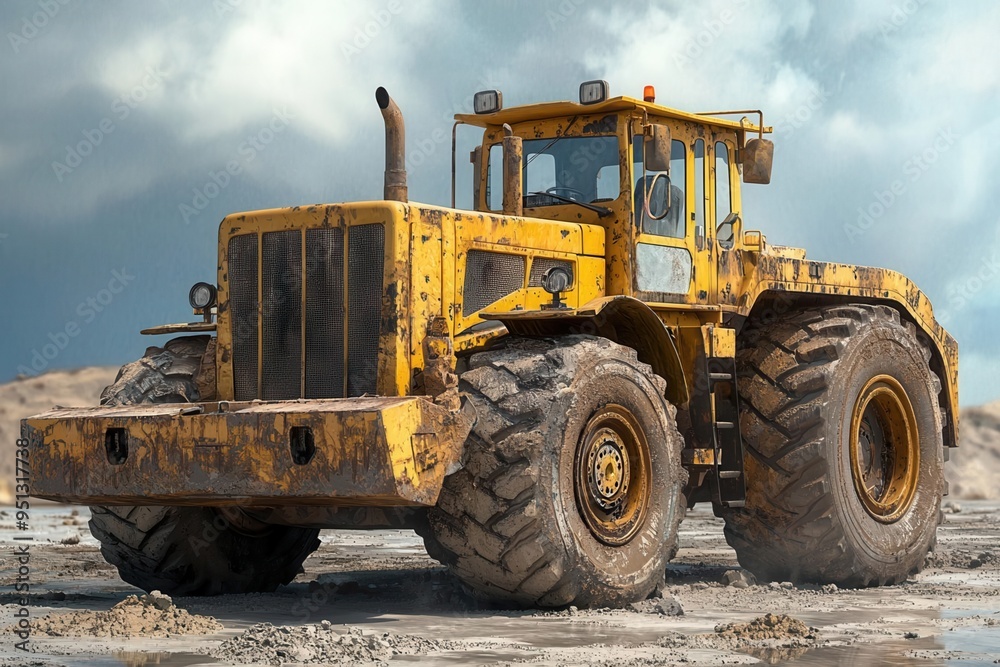 Construction equipment, heavy machinery with dirt and grime, 3D illustration Construction equipment, heavy machinery with dirt and grime, 3D illustration