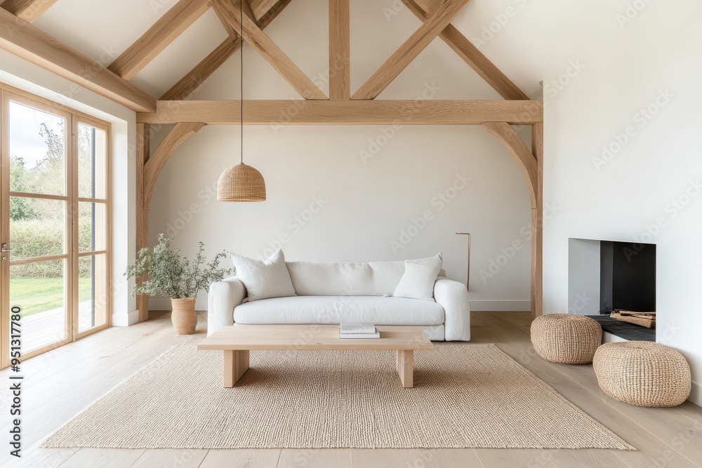 Warm and Modern Scandinavian Living Room with Oak Beams and Earthy Rug in Muted Tones Front-Facing Shot Warm and Modern Scandinavian Living Room with Oak Beams and Earthy Rug in Muted Tones Front-Facing Shot