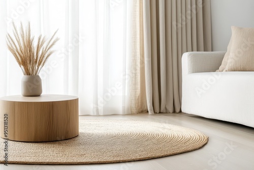 Serene Scandinavian Living Room with Wood Coffee Table, Beige Tones, and Linen Curtains, Wide-angle Shot for Cozy Feel