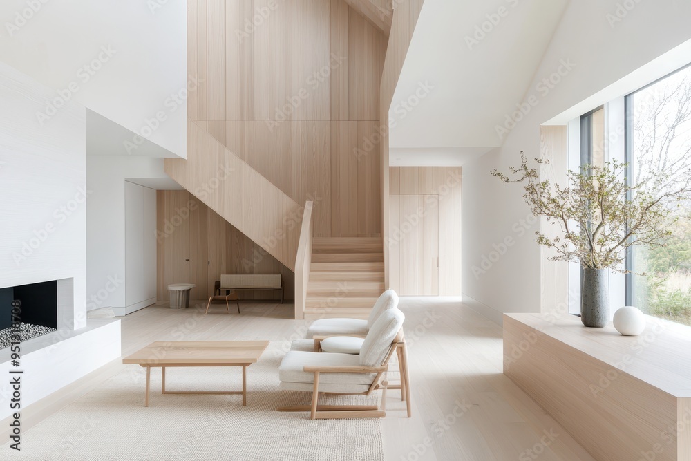 Fototapeta premium Serene Scandinavian Living Room with Light Wood Accents and Natural Light, Side Shot of Spacious Interior in Neutral Earthy Tones