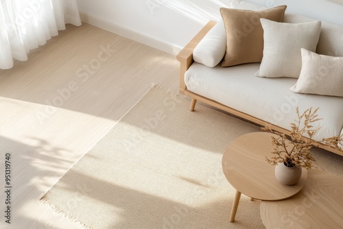 Cozy Minimalism in Modern Scandinavian Living Room with Earth-Toned Accents and Light Wood Furniture, Top-Down View