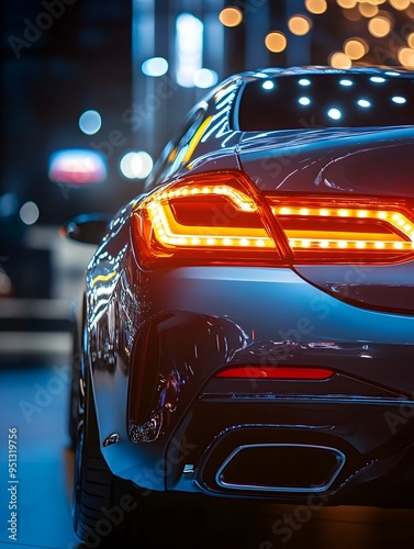 Sleek and Powerful Sports Car with Glowing LED Tail Lights in the City at Night