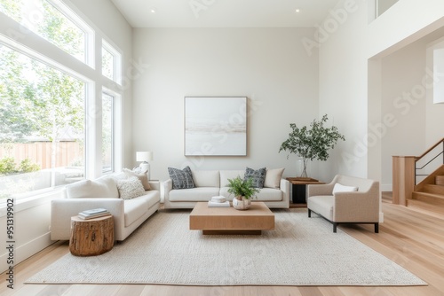 Serene Scandinavian Living Room with Light Wood Flooring and Large Windows for Natural Light - Top-Down View of Spacious and Airy Interior