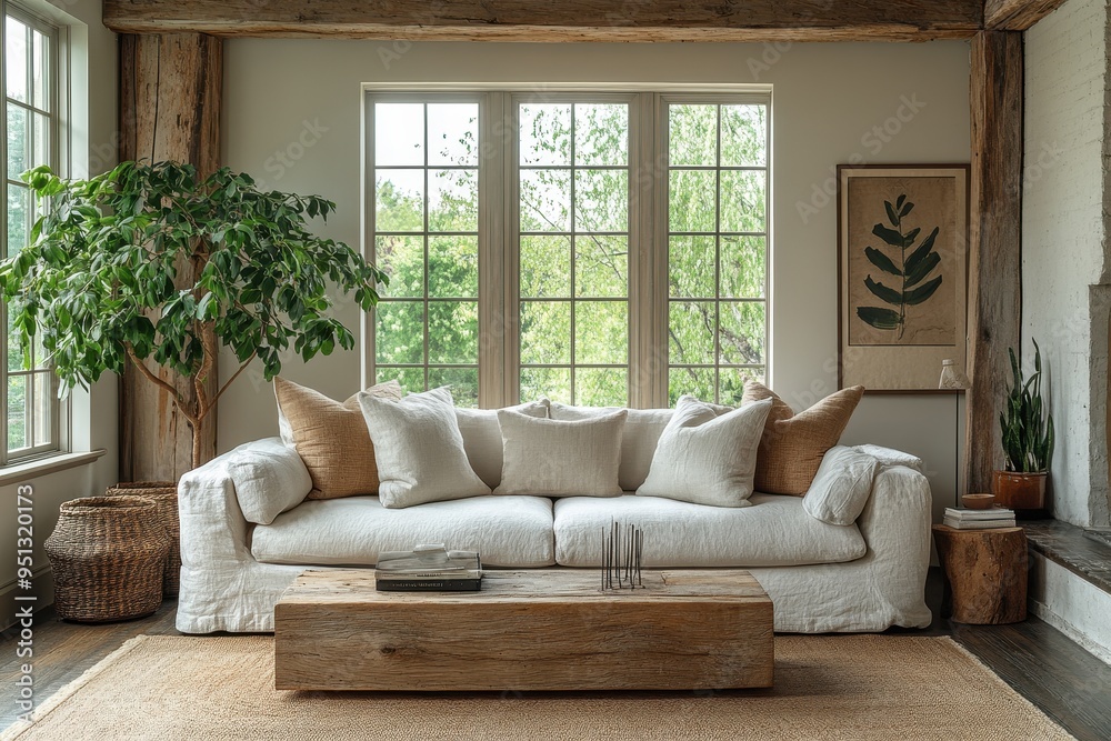 Fototapeta premium Cozy Scandinavian Living Room with Oak Beams and Large Plants, Inviting and Natural Ambiance in Muted Tones, Side View Shot