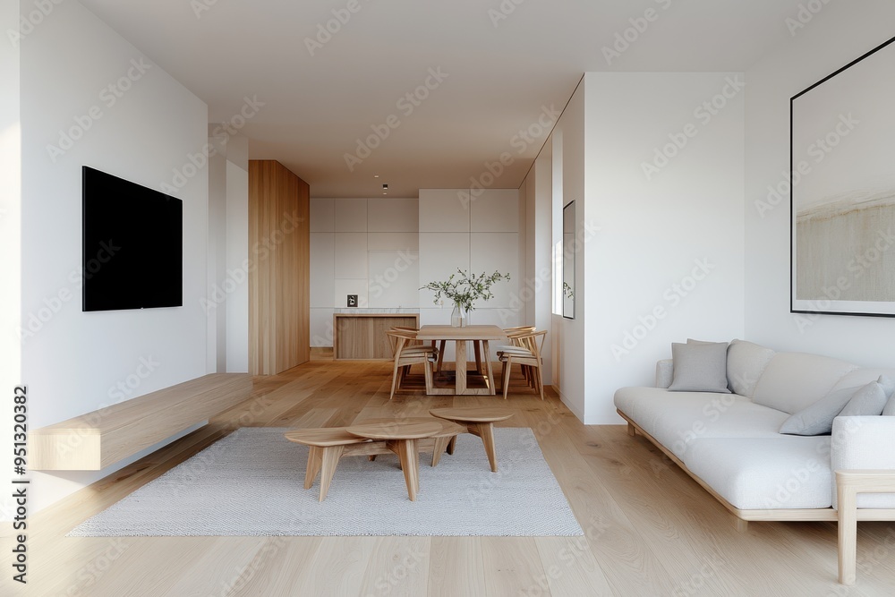 Fototapeta premium Serene Scandinavian Modern Living Room with Light Wood Furniture in Earthy Tones, Cozy Minimalist Decor, Wide-Angle Shot