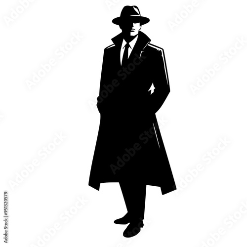 silhouette man wear long coat with hat