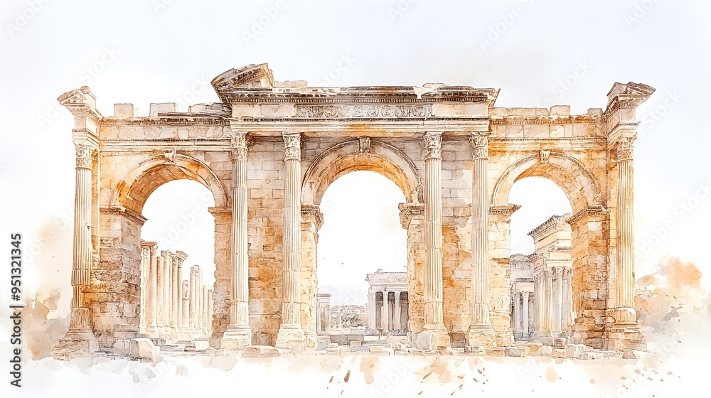 Fototapeta premium A delicate watercolor painting of Roman ruins in France, featuring ancient columns and arches, set against a clean white background. The artwork captures the timeless beauty and grandeur of 