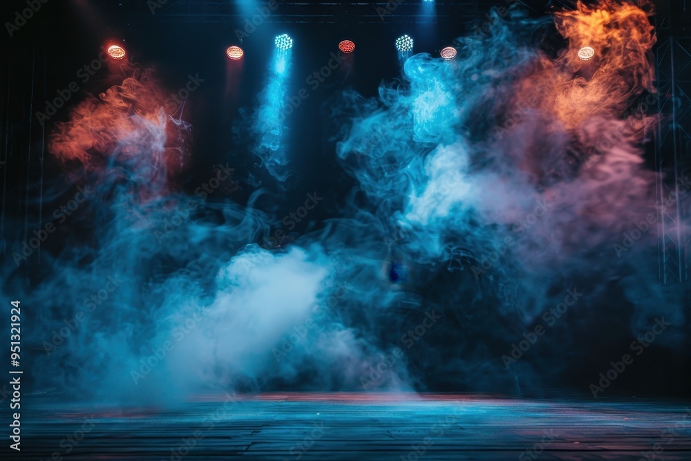Fototapeta premium Stage illuminated with blue and orange spotlights and fog