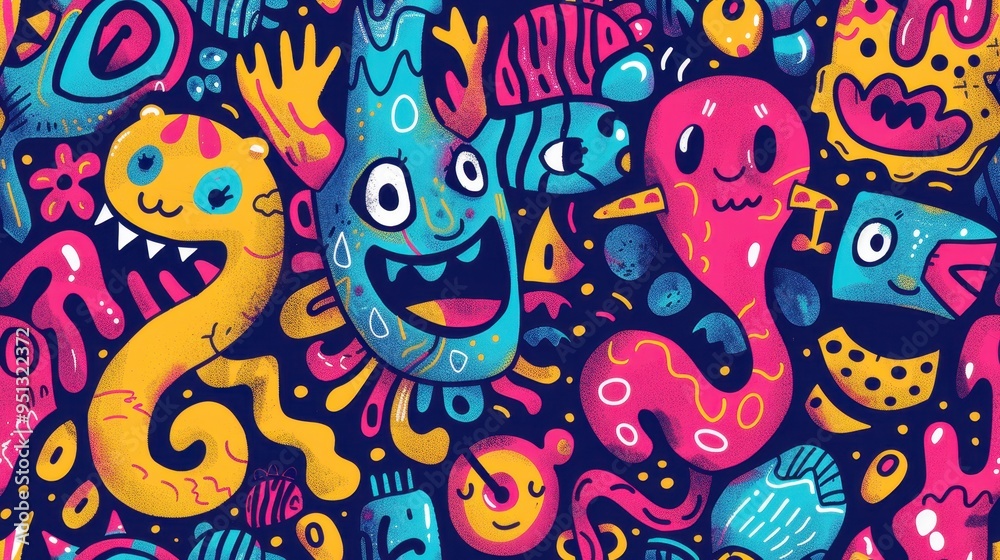 Colorful Abstract Doodle Pattern with Various Shapes and Creatures Colorful Abstract Doodle Pattern with Various Shapes and Creatures