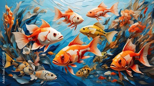 A stunning display of aquatic life, with each fish rendered in a different style - from abstract to realistic - against a clean and crisp background, creating a visually dynamic and captivating image.