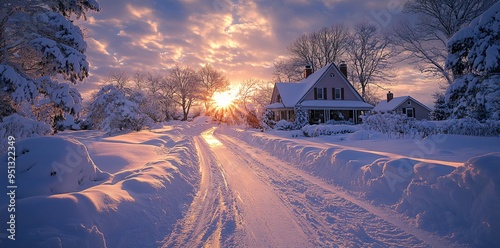 Snowdrifts cleared from driveway of modern single family home after blizzard 