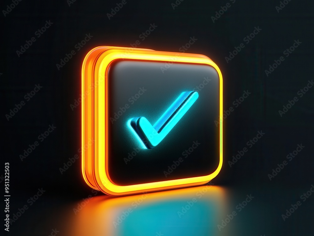 Neon Check Mark Icon on Dark Background - Modern Digital Approval Symbol in Glowing Orange and Blue Neon Check Mark Icon on Dark Background - Modern Digital Approval Symbol in Glowing Orange and Blue