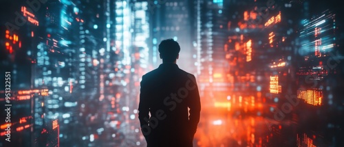 A man stands in front of a cityscape with a bright orange background