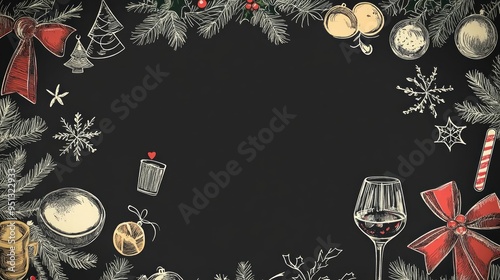 Christmas party todo list on a chalkboard, handdrawn style, festive borders, vintage rustic look, soft monochrome with pops of red