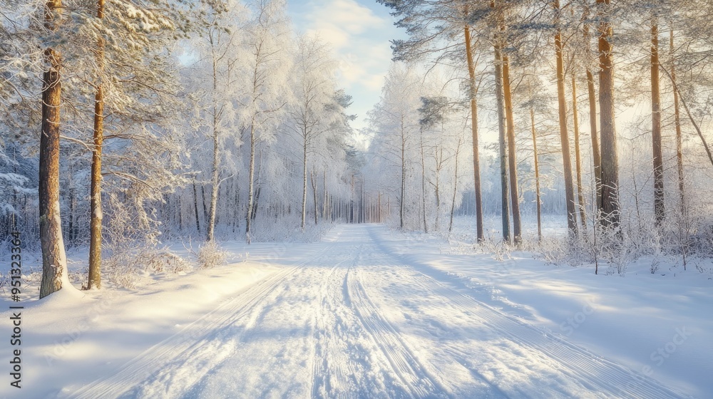 Obraz premium Sunny morning in a winter snowy forest. Frosty morning. Frost falls from the trees. The ski track is covered with snow