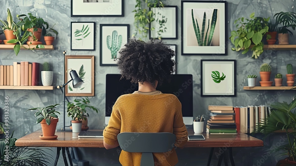 Person working at desk in creative office workspace with plants books and wall art modern interior design Person working at desk in creative office workspace with plants books and wall art modern interior design